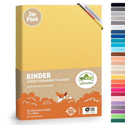 Premium Kinder Spannbettlaken leevitex® | 2er Set | Für Babybett & Kinderbett 70 x 140 cm | 100% hochwertige Mako-Jersey-Baumwolle - 170 g/m² | Öko Tex geprüft | Gelb von leevitex