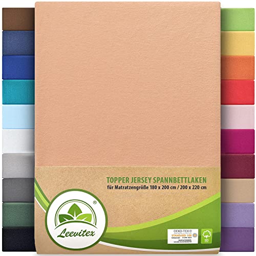 Premium Plus Topper Bezug Boxspring Spannbetttuch Jersey 180x200 cm - 200x220 cm 100% Baumwolle (Leinen/Apricot) von leevitex