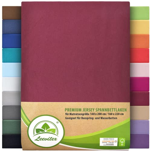 Premium Spannbettlaken, extra schwer und dick, 97% Mako-Jersey-Baumwolle und 3% Elasthan, auch Boxspringbett geeignet, 140 x 200-160 x 220 cm, Bordeaux/Weinrot von leevitex