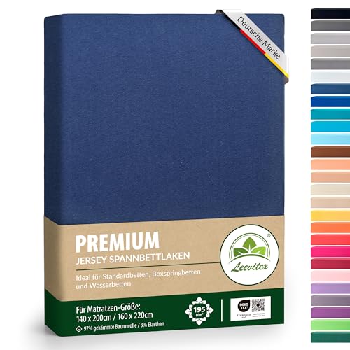 Premium Spannbettlaken, extra schwer und dick, 97% Mako-Jersey-Baumwolle und 3% Elasthan, auch Boxspringbett geeignet, 140 x 200-160 x 220 cm, Navyblau/Marine Premium Spannbettlaken, extra schwer und dick, 97% Mako-Jersey-Baumwolle und 3% Elasthan, auch Boxspringbett geeignet, 140 x 200-160 x 220 cm, Navyblau/Marine von leevitex