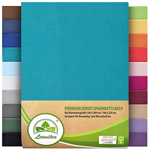 Premium Spannbettlaken, extra schwer und dick, 97% Mako-Jersey-Baumwolle und 3% Elasthan, auch Boxspringbett geeignet, 140 x 200-160 x 220 cm, Petrol/Smaragdblau von leevitex