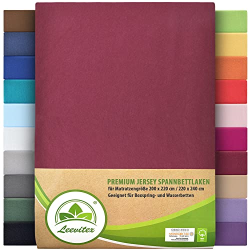 Premium Spannbettlaken, extra schwer und dick, 97% Mako-Jersey-Baumwolle und 3% Elasthan, auch Boxspringbett geeignet, 200 x 220 - 220 x 240 cm, Bordeaux/Weinrot von leevitex