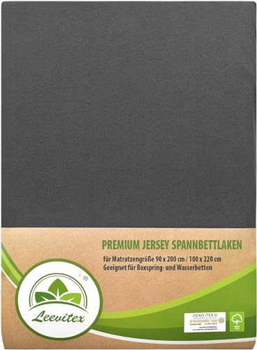 Premium Spannbettlaken, extra schwer und dick, 97% Mako-Jersey-Baumwolle und 3% Elasthan, auch Boxspringbett geeignet, 90 x 200-100 x 220 cm, Anthrazit/Grau von leevitex