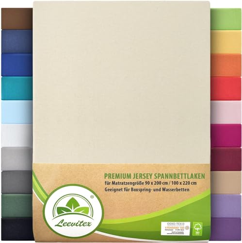 Premium Spannbettlaken, extra schwer und dick, 97% Mako-Jersey-Baumwolle und 3% Elasthan, auch Boxspringbett geeignet, 90 x 200-100 x 220 cm, Cremé/Naturweiß von leevitex