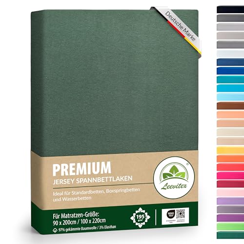 Premium Spannbettlaken, extra schwer und dick, 97% Mako-Jersey-Baumwolle und 3% Elasthan, auch Boxspringbett geeignet, 90 x 200-100 x 220 cm, Dunkelgrün/Tannengrün von leevitex