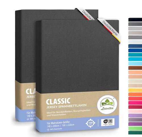 leevitex® Classic Jersey Spannbettlaken 140x200 – 160x220 cm | 150 GSM Baumwolle | Öko-Tex Zertifiziert | für Boxspring- & Wasserbetten | 40 cm Steghöhe | 2er Pack | Anthrazit von leevitex