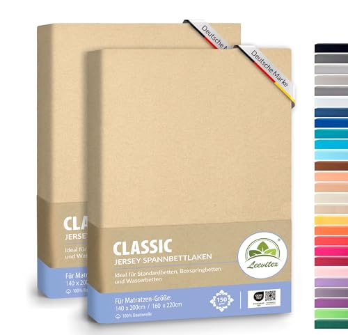 leevitex® Classic Jersey Spannbettlaken 140x200 – 160x220 cm | 150 GSM Baumwolle | Öko-Tex Zertifiziert | für Boxspring- & Wasserbetten | 40 cm Steghöhe | 2er Pack | Düne von leevitex