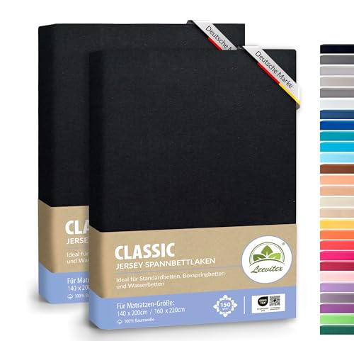 leevitex® Classic Jersey Spannbettlaken 140x200 – 160x220 cm | 150 GSM Baumwolle | Öko-Tex Zertifiziert | für Boxspring- & Wasserbetten | 40 cm Steghöhe | 2er Pack | Schwarz von leevitex