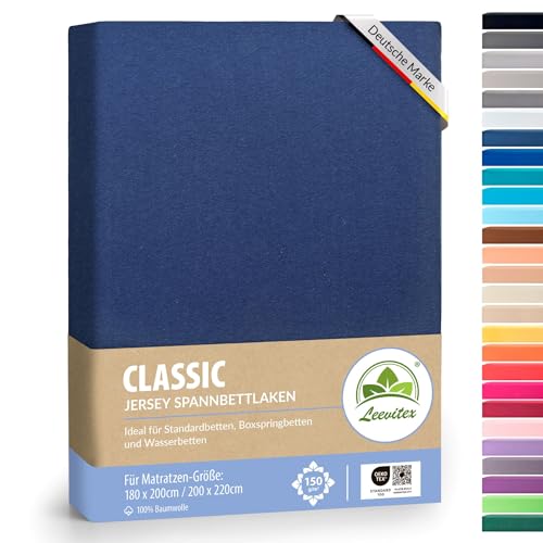 leevitex® Classic Jersey Spannbettlaken 180x200 – 200x220 cm | 150 GSM Baumwolle | Öko-Tex Zertifiziert | für Boxspring- & Wasserbetten | 40 cm Steghöhe | 1er Pack | Navyblau von leevitex