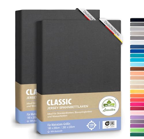 leevitex® Classic Jersey Spannbettlaken 180x200 – 200x220 cm | 150 GSM Baumwolle | Öko-Tex Zertifiziert | für Boxspring- & Wasserbetten | 40 cm Steghöhe | 2er Pack | Anthrazit von leevitex