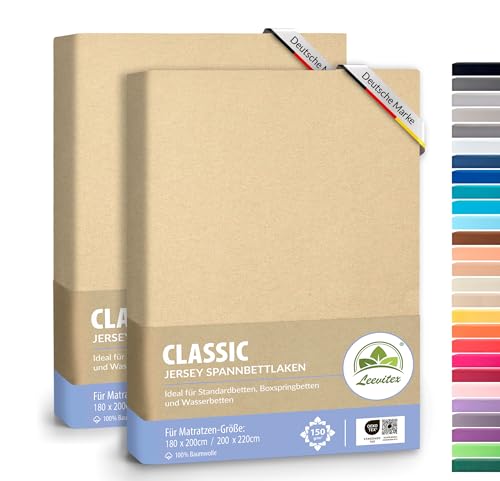 leevitex® Classic Jersey Spannbettlaken 180x200 – 200x220 cm | 150 GSM Baumwolle | Öko-Tex Zertifiziert | für Boxspring- & Wasserbetten | 40 cm Steghöhe | 2er Pack | Düne von leevitex