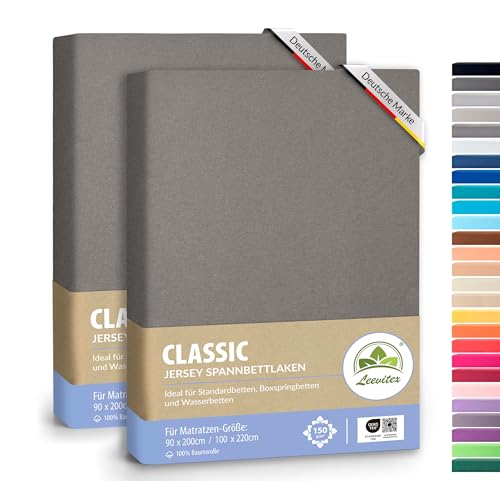 leevitex® Classic Jersey Spannbettlaken 90x200 – 100x220 cm | 150 GSM Baumwolle | Öko-Tex Zertifiziert | für Boxspring- & Wasserbetten | 40 cm Steghöhe | 2er Pack | Graphit von leevitex