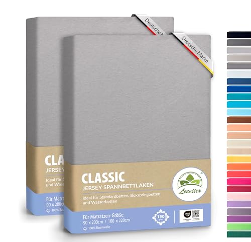 leevitex® Classic Jersey Spannbettlaken 90x200 – 100x220 cm | 150 GSM Baumwolle | Öko-Tex Zertifiziert | für Boxspring- & Wasserbetten | 40 cm Steghöhe | 2er Pack | Grau von leevitex