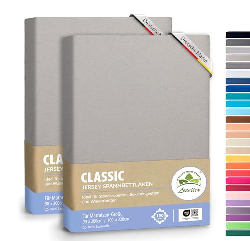leevitex® Classic Jersey Spannbettlaken 90x200 – 100x220 cm | 150 GSM Baumwolle | Öko-Tex Zertifiziert | für Boxspring- & Wasserbetten | 40 cm Steghöhe | 2er Pack | Silber von leevitex