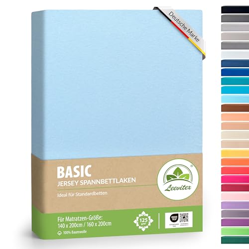 leevitex® Spannbettlaken 140x200cm - 160x200 cm | Spannbetttuch Bettlaken | 100% Jersey Baumwolle | Matratzenhöhe bis 25 cm | Öko-Tex | Hellblau/Himmelblau von leevitex