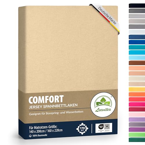 leevitex® Premium Spannbettlaken 140x200-160x220 cm - 40 cm Steg - auch für Boxspringbett & Wasserbett | 100% Mako-Jersey-Baumwolle | ÖKO-TEX | 170g/m² | Düne/Sand von leevitex
