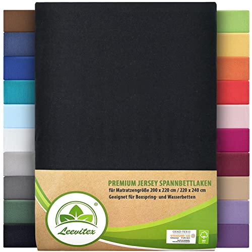 leevitex® Premium Wasserbett & Boxspringbett Spannbettlaken | Spannbetttuch | 200 x 220-220 x 240 | 97% Mako-Jersey-Baumwolle | 3% Elastan | Schwarz | 195 g/m² von leevitex