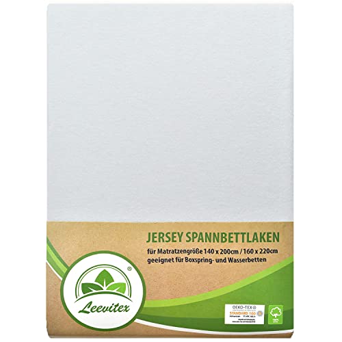 leevitex Premium Spannbettlaken 140 x 200-160 x 220 cm - auch für Boxspringbett & Wasserbett | 100% Mako-Jersey-Baumwolle | ÖKO-TEX | 170g/m² | 40 cm Steg | Weiß von leevitex