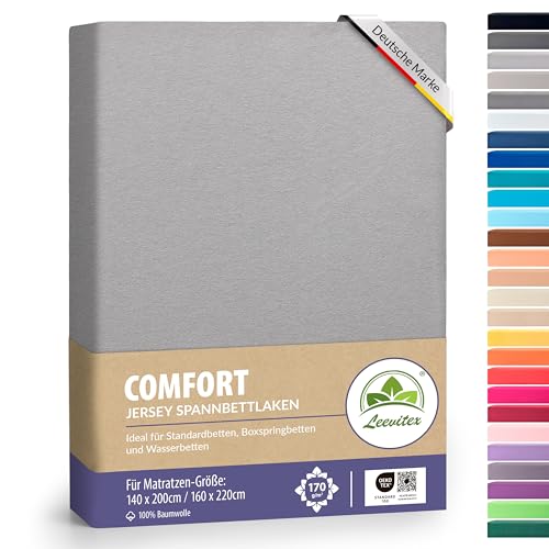 leevitex Premium Spannbettlaken 140 x 200-160 x 220 cm | 100% Mako-Jersey-Baumwolle | ÖKO-TEX | 170g/m² | 40 cm Steg | Grau von leevitex