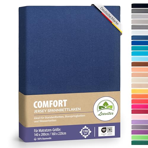 leevitex® Premium Spannbettlaken 140x200-160x220 cm - 40 cm Steg - auch für Boxspringbett & Wasserbett | 100% Mako-Jersey-Baumwolle | ÖKO-TEX | 170g/m² | Navyblau/Marine von leevitex