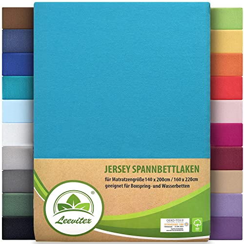 leevitex® Premium Spannbettlaken 140x200-160x220 cm - 40 cm Steg - auch für Boxspringbett & Wasserbett | 100% Mako-Jersey-Baumwolle | ÖKO-TEX | 170g/m² | Türkis/Ocean von leevitex