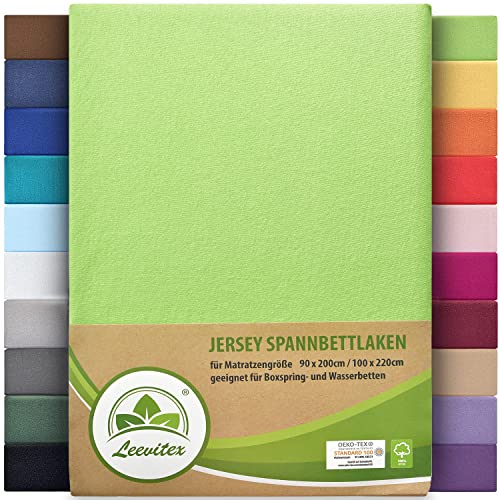 leevitex® Premium Spannbettlaken 90x200-100x220 cm - 40 cm Steg - auch für Boxspringbett & Wasserbett | 100% Mako-Jersey-Baumwolle | ÖKO-TEX | 170g/m² | Apfelgrün/Hellgrün von leevitex