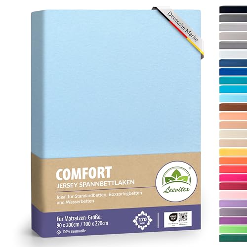 leevitex® Premium Spannbettlaken 90x200-100x220 cm - 40 cm Steg - auch für Boxspringbett & Wasserbett | 100% Mako-Jersey-Baumwolle | ÖKO-TEX | 170g/m² | Hellblau/Himmelblau leevitex® Premium Spannbettlaken 90x200-100x220 cm - 40 cm Steg - auch für Boxspringbett & Wasserbett | 100% Mako-Jersey-Baumwolle | ÖKO-TEX | 170g/m² | Hellblau/Himmelblau von leevitex