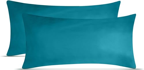 leevitex Kissenbezug | 2er Pack | 100% Baumwolle | Jersey | Kissenbezüge | Seitenschläferkissen | Kissenhülle | Nackenkissenbezug (Petrol/Smaragd Blau, 40 x 60 cm (für Nackenkissen geeignet) von leevitex