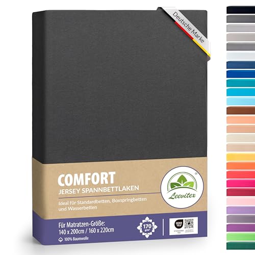 leevitex Premium Spannbettlaken 140 x 200-160 x 220 cm | 100% Mako-Jersey-Baumwolle | ÖKO-TEX | 170g/m² | 40 cm Steg | Anthrazit/Grau von leevitex