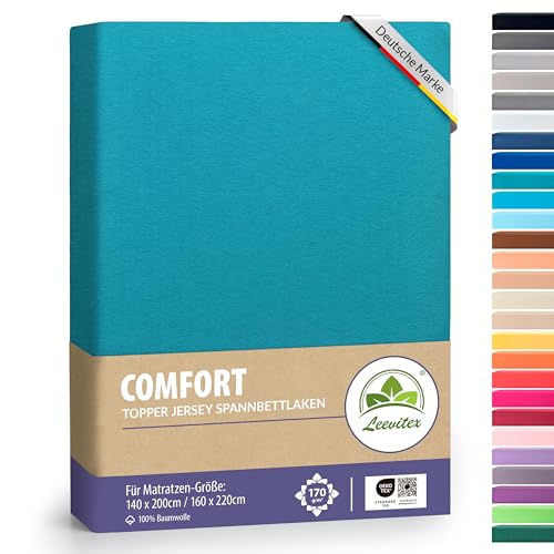 leevitex Premium Topper Boxspringbett Spannbettlaken | 100% Mako-Jersey-Baumwolle | ÖKO-TEX | 170g/m² | 140 x 200-160 x 220 | Petrol/Seegrün | 18 cm Steg von leevitex