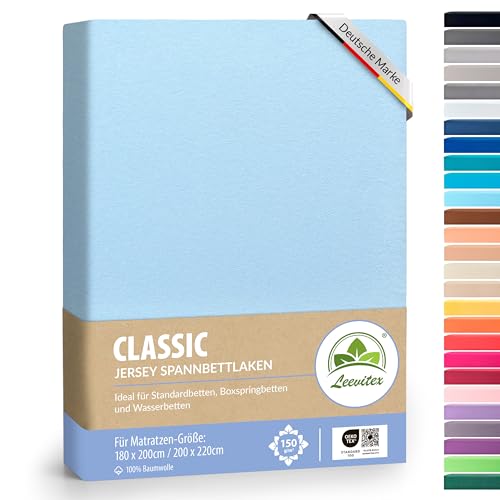 Boxspringbett & Wasserbett Spannbettlaken von leevitex® | Spannbetttuch | ÖKO-TEX | 180x200 – 200x220 cm | 100% Jersey-Baumwolle | 150 g/m² | 40 cm Steg | Hellblau/Himmelblau von leevitex