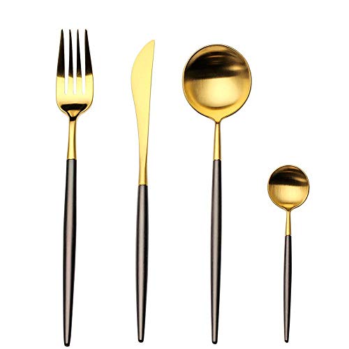 LEKOCH Bunte 4-teilig 18/10 Edelstahl Besteck Set für 1 (Schwarz&Gold) von LEKOCH