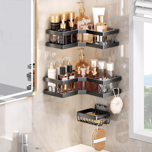3 Stück3 Stück Duschablage ohne Bohren, Selbstklebend Eckregal Duschregal mit Haken, Badezimmer Regal Shampoo Halterung für Dusche Duschkorb Dusche Halterung Badezimmer Organizer (Schwarz) von lelewangluo