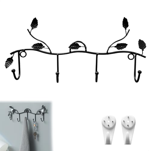 Garderobe Schwarz Metall Blätter Wandgarderobe,Garderobenleiste Flur Wandhaken mit 4 Haken Blattform Dekorative Jackenhaken,Blatt Garderoben Schwarz Wand Gaderobenhaken für Eingang Schlafzimmer von lemgyiamz