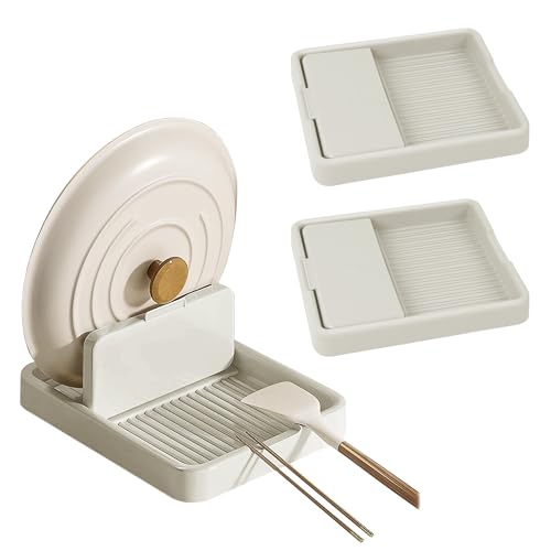 Topfdeckel Halter, Topfdeckelhalter LöFfelablage StäNder, Schubladen Organizer KüChe, Pfannen Organizer, KochlöFfel Ablage FüR KüChe Arbeitsplatte von Tropfflecken 18,5x16x2.5cm (Warmes Weiß) von lemgyiamz
