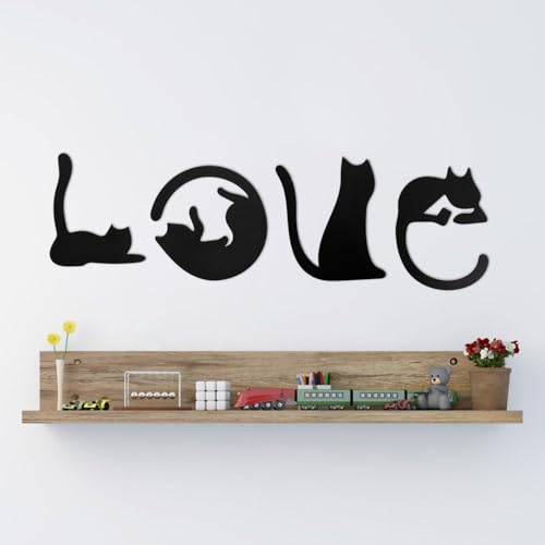 Wanddeko Metall Schwarz, 4 Stück Wandtattoo Katze Metallbilder Katzendeko Wohnzimmer Deko Wand Katzen Wandkunst Hängende Wandschmuck, LOVE Katze Herz Wanddekoration für Schlafzimmer, 60 * 15 CM von lemgyiamz