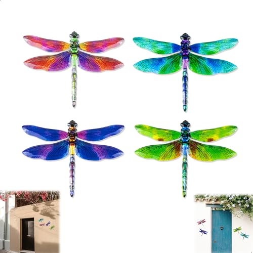 lemgyiamz Wanddeko Aussen Metall Libellen, 4 Stück Prachtlibellen Garten Terrasse Wetterfest Hängende Wandkunst Kleinlibellen Wand Wanddekoration Aufhängen, Dragonfly Skulptur Deko für Außenbereich von lemgyiamz