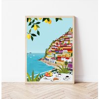Kunstdruck Amalfi Küste | Positano Italien Reiseillustration Wandkunst Poster A4 von lemonskyprint