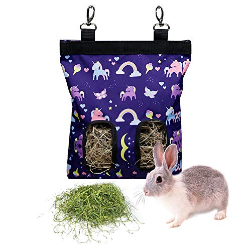 Kaninchen Heutasche Meerschweinchen Futterstation Futterspender Kleintiere Heutasche Futtersack für Hase Chinchilla Hamster Kleine Tiere (2 Fenster, Muster Lila) von lenpestia