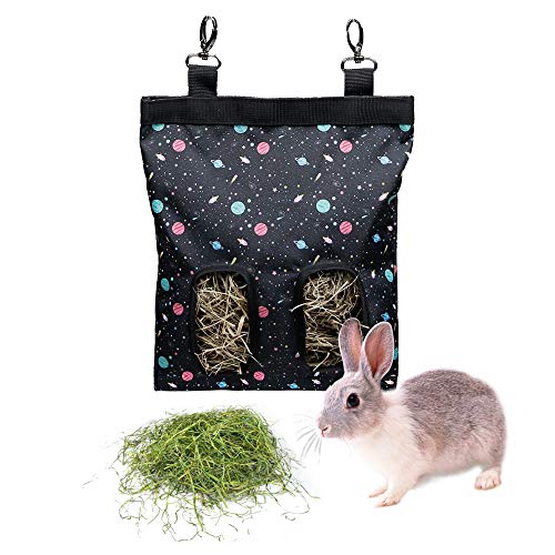 Kaninchen Heutasche Meerschweinchen Futterstation Futterspender Kleintiere Heutasche Futtersack für Hase Chinchilla Hamster Kleine Tiere (2 Fenster, Muster Schwarz) von lenpestia