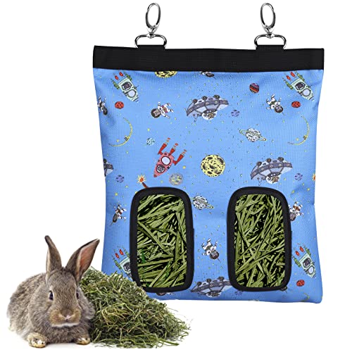 Kaninchen Heutasche Meerschweinchen Futterstation Futterspender Kleintiere Heutasche Futtersack für Hase Chinchilla Hamster Kleine Tiere (2 Fenster, Muster Blau) von lenpestia