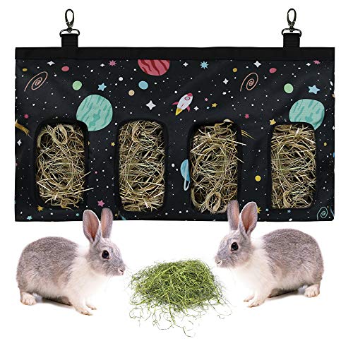 Kaninchen Heutasche Meerschweinchen Futterstation Futterspender Kleintiere Heutasche Futtersack für Hase Chinchilla Hamster Kleine Tiere (4 Fenster, Muster Schwarz) von lenpestia