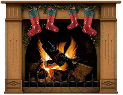 Wandaufkleber Kamin mit brennendem Feuer Wandtattoo Dekoration Brennholz Flammen fotorealistische Kunst Poster (Groß Braun mit 4 Weihnachtsstrümpfen) von lepni.me