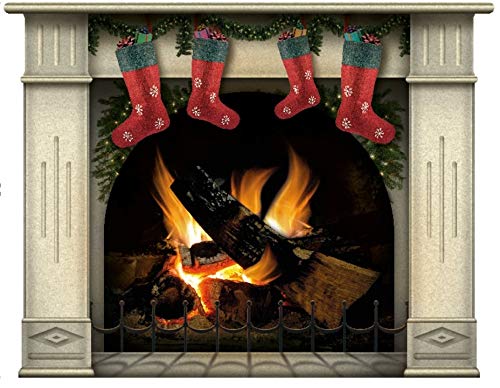 lepni.me Wandaufkleber Kamin mit brennendem Feuer Wandtattoo Dekoration Brennholz Flammen fotorealistische Kunst Poster (Groß Sahara mit 4 Weihnachtsstrümpfen) von lepni.me