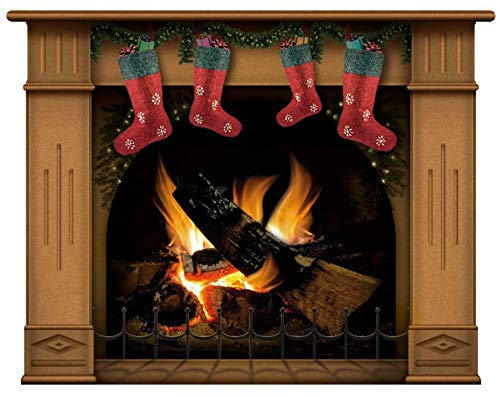 lepni.me Wandaufkleber Kamin mit brennendem Feuer Wandtattoo Dekoration Brennholz Flammen fotorealistische Kunst Poster (Mittel Braun mit 4 Weihnachtsstrümpfen) von lepni.me