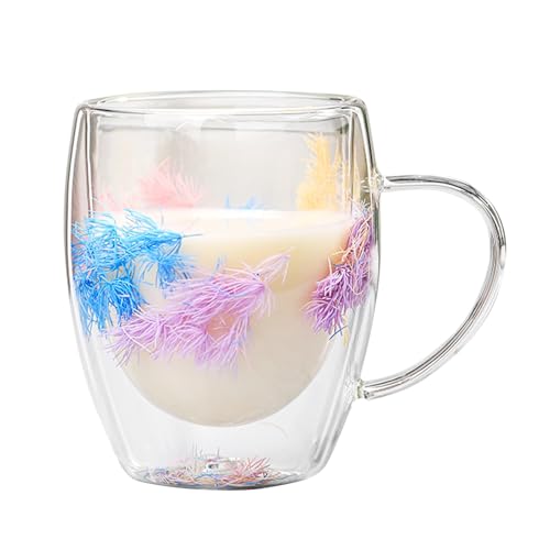 leryveo Doppelwandige Gläser mit Getrocknete Blumen | 350ML Doppelt Isolierte Glas Kaffeetassen | Kreative Transparente Glasbecher Milchteetassen mit Henkels für heiße oder kalte Getränke von leryveo