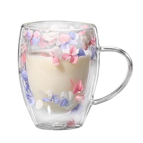 leryveo Doppelwandige Gläser mit Getrocknete Blumen | 350ML Doppelt Isolierte Glas Kaffeetassen | Kreative Transparente Glasbecher Milchteetassen mit Henkels für heiße oder kalte Getränke von leryveo