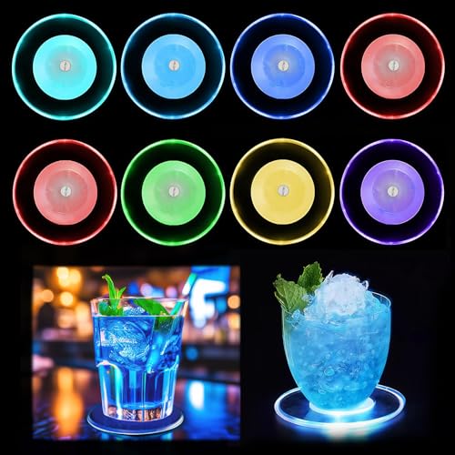 8 Stück Bunt Led Untersetzer, Leuchtende Untersetzer mit 7 Beleuchtungsmodi, Acryl Rund wasserdichte Leuchtuntersetzer, Led Untersetzer für Gläser, Flaschen, Partys, Bar, Hochzeiten, Oktoberfest von letcdfer