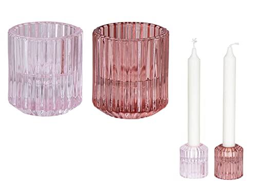 2er Set Kerzenständer für Stabkerzen Glas Teelichthalter Rosa Pink 2in1 Kerzenhalter Transparent Tischdeko Dekoration Teelichtglas von levandeo