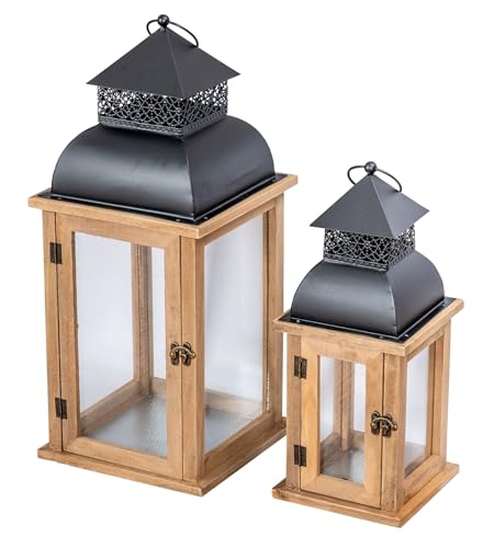 2er Set Laterne Braun Holz Metall Kerzenhalter Windlicht Gartendeko Holzlaterne Gartenlaterne Gartenbeleuchtung Dekoration Vintage Shabby Antik von levandeo